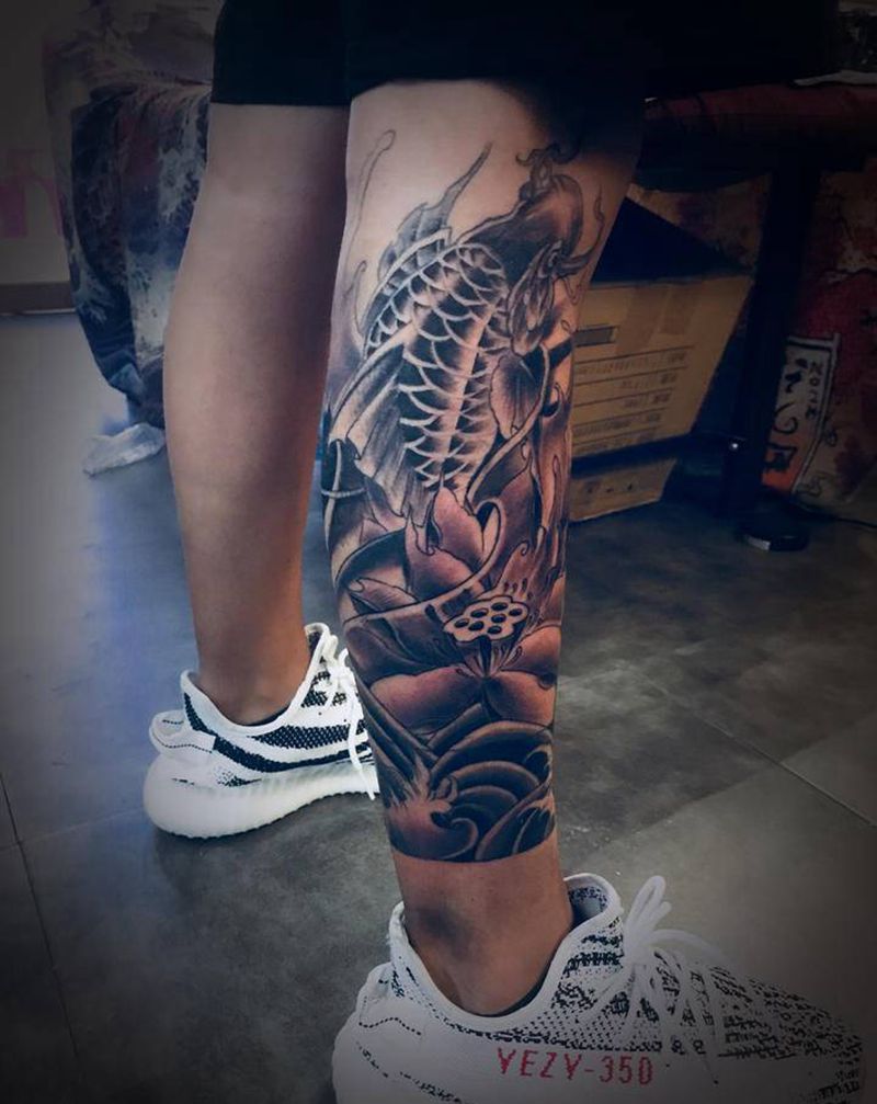 小腿纹身图片_腿部新传统纹身图案