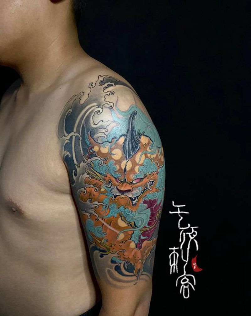 大臂唐狮完成纹身图片_手臂手部新传统纹身图案