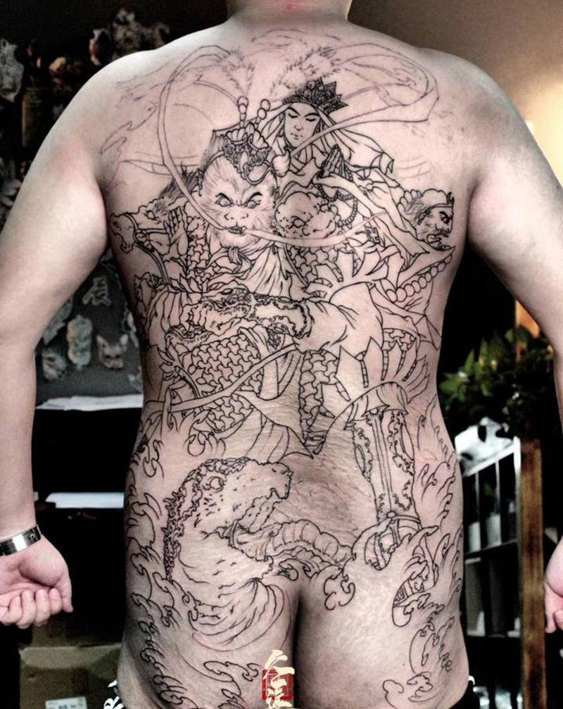 通天河纹身图片_背部新传统西游纹身图案