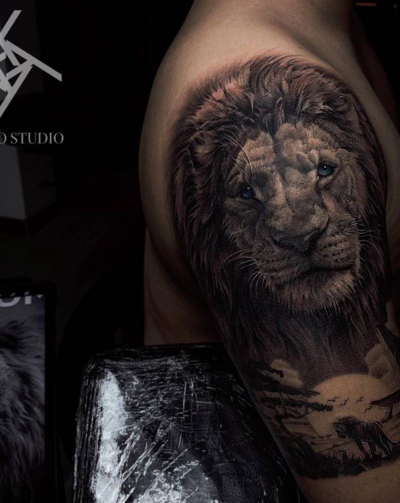 狮子王纹身图片_手臂欧美写实狮子狮子王纹身图案