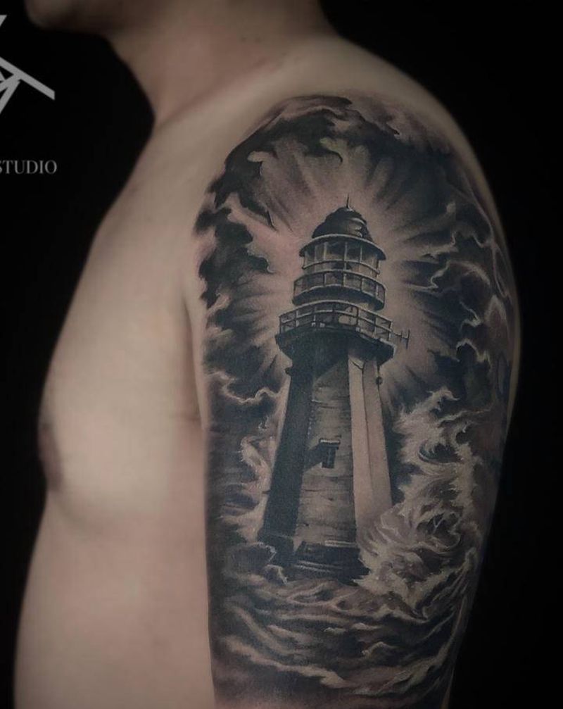 灯塔纹身图片_手臂欧美写实灯塔纹身图案