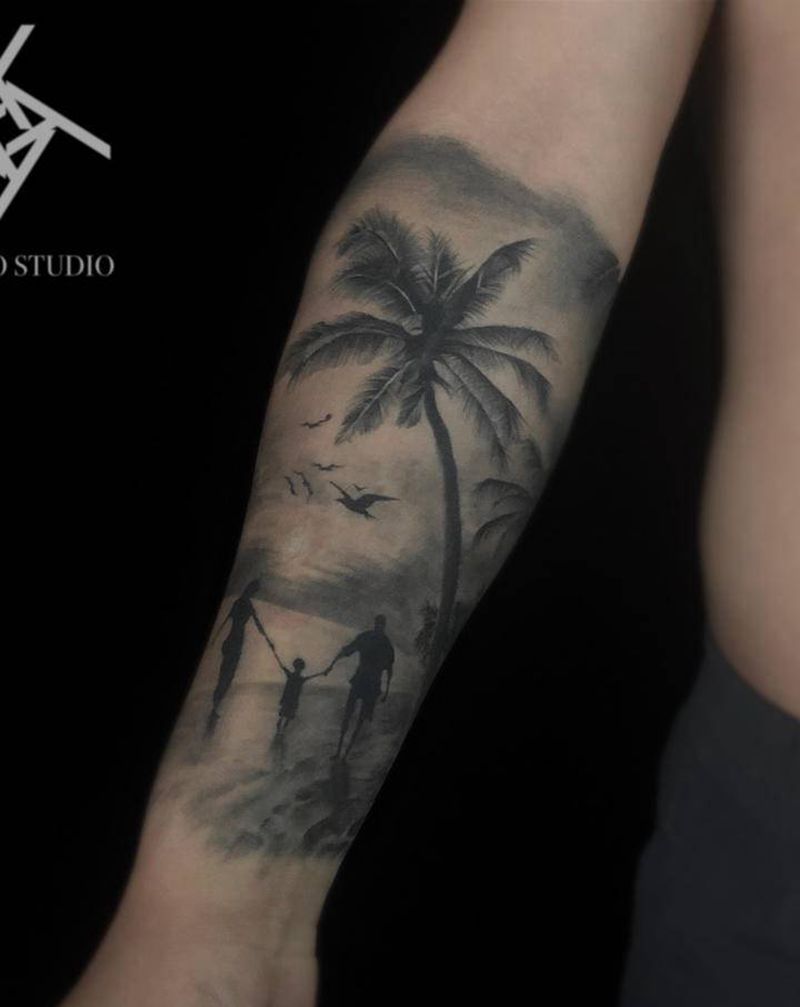 海边恢复后纹身图片_手臂欧美写实家人纹身图案