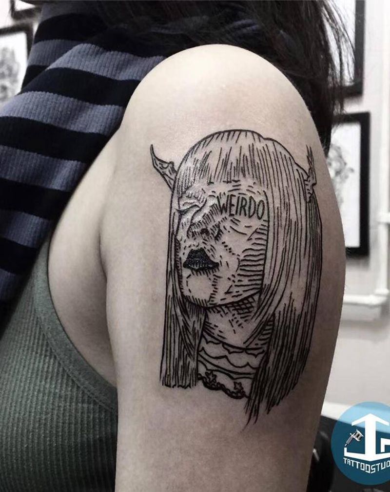 暗黑线条头像纹身图片_手臂New School纹身图案