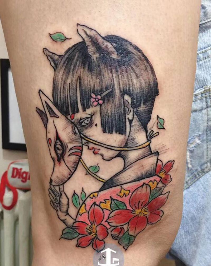 艺妓纹身图片_腿部新传统纹身图案