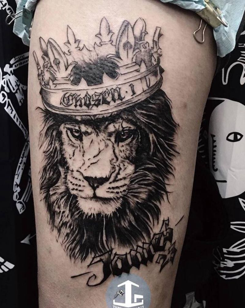 狮子纹身图片_腿部欧美写实纹身图案