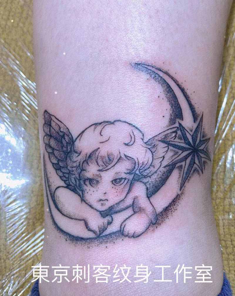 小天使纹身图片_腿部纹身图案