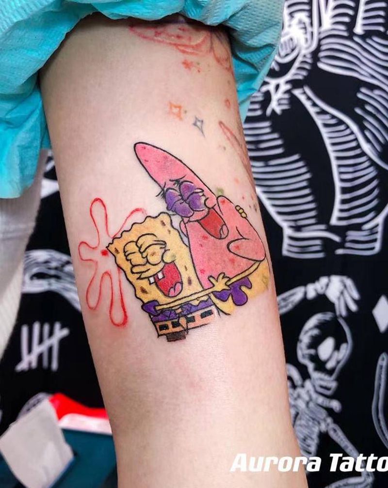 海绵宝宝派大星纹身图片_手臂卡通纹身图案