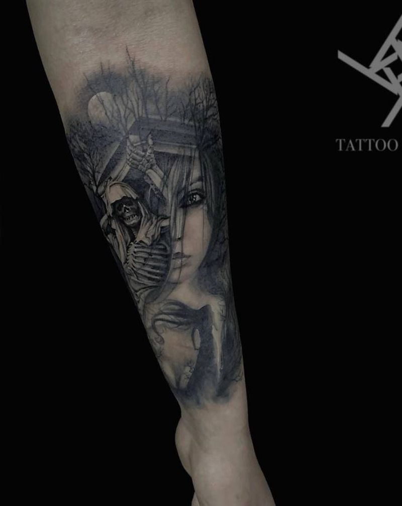 暗黑哥特风纹身图片_手臂欧美写实骷髅人像哥特纹身图案
