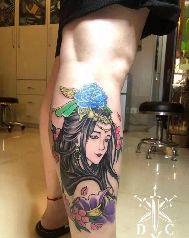 艺妓纹身图片_腿部老传统新传统纹身图案