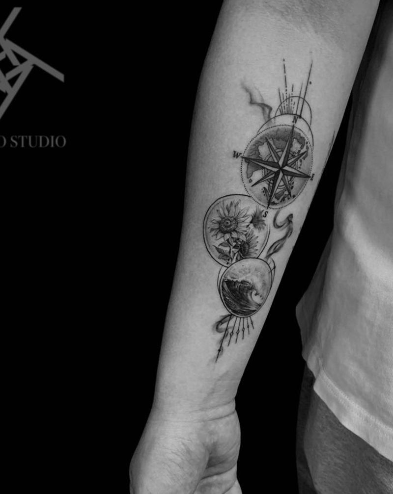 微雕写实纹身图片_手臂欧美写实海浪向日葵指南针纹身图案
