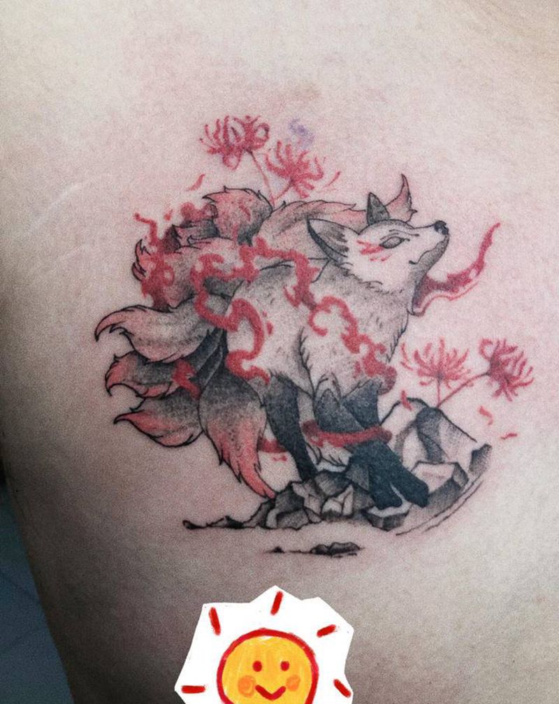 九尾纹身图片_胸部纹身图案