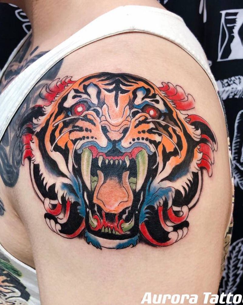 new school纹身图片_手臂New School老虎纹身图案