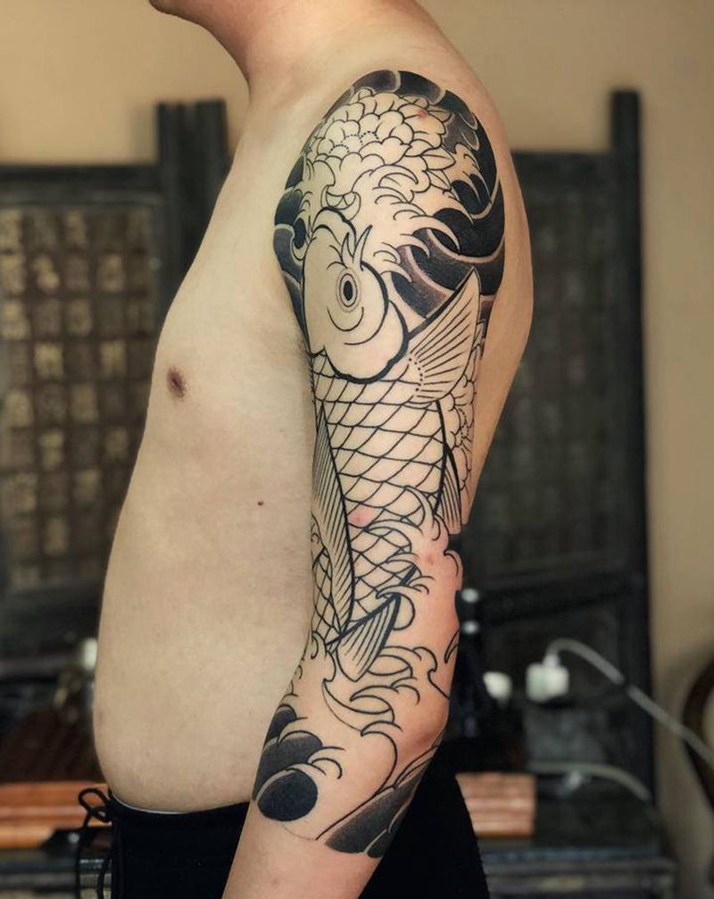 七分袖·锦鲤～纹身图片_老传统纹身图案