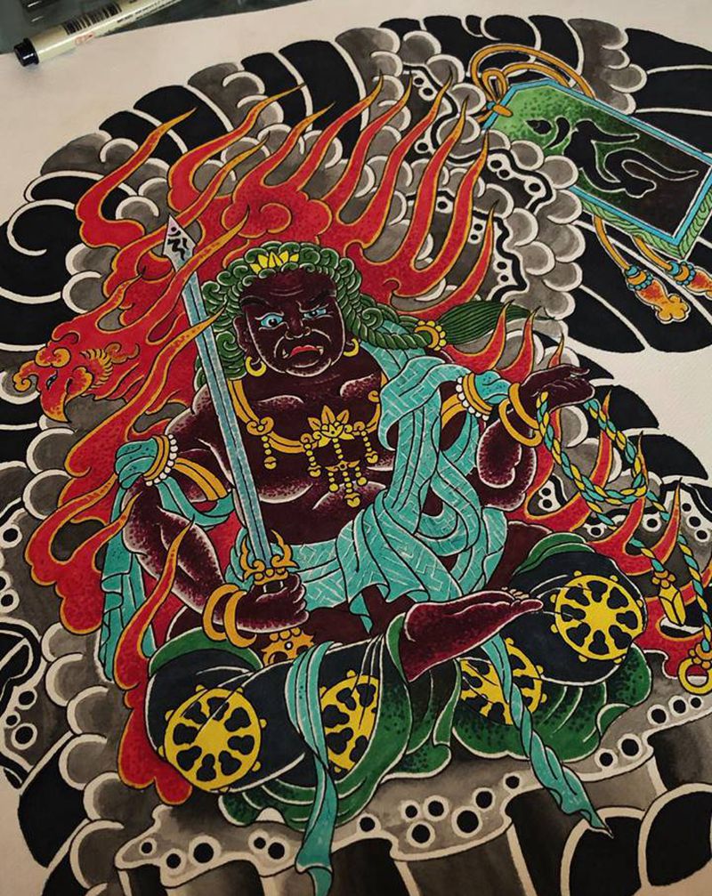 近日绘制#老派传统半胛#不动明纹身图片_老传统纹身图案