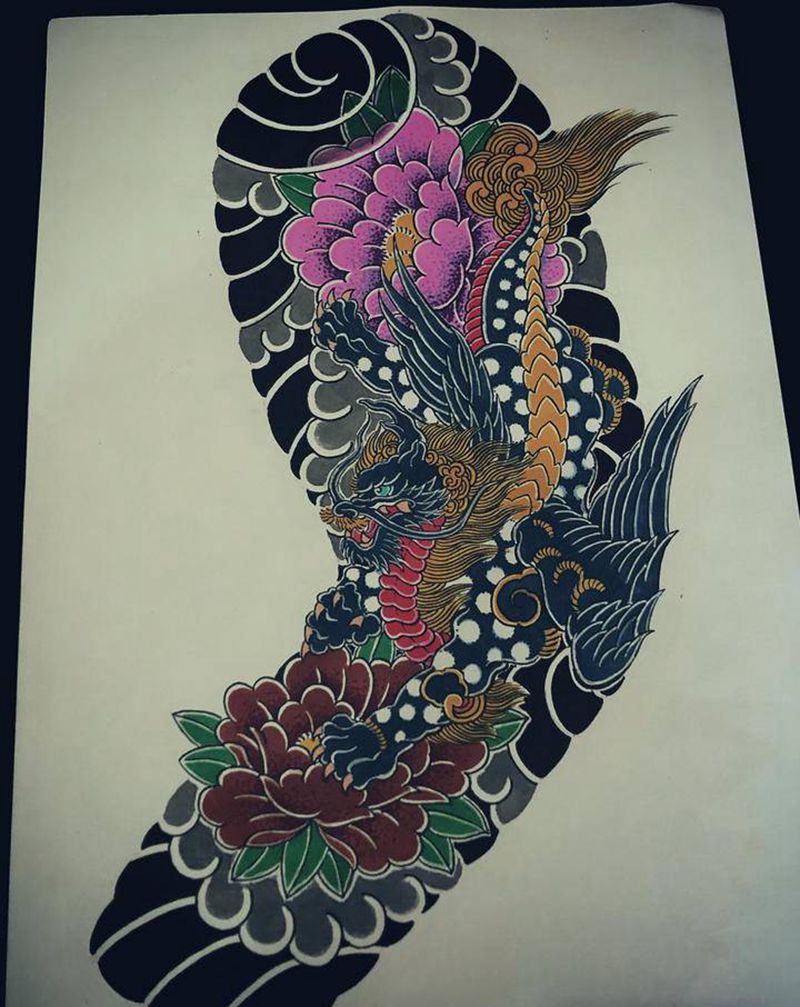 刺艺堂-刺道老师绘制老派传统花纹身图片_老传统纹身图案