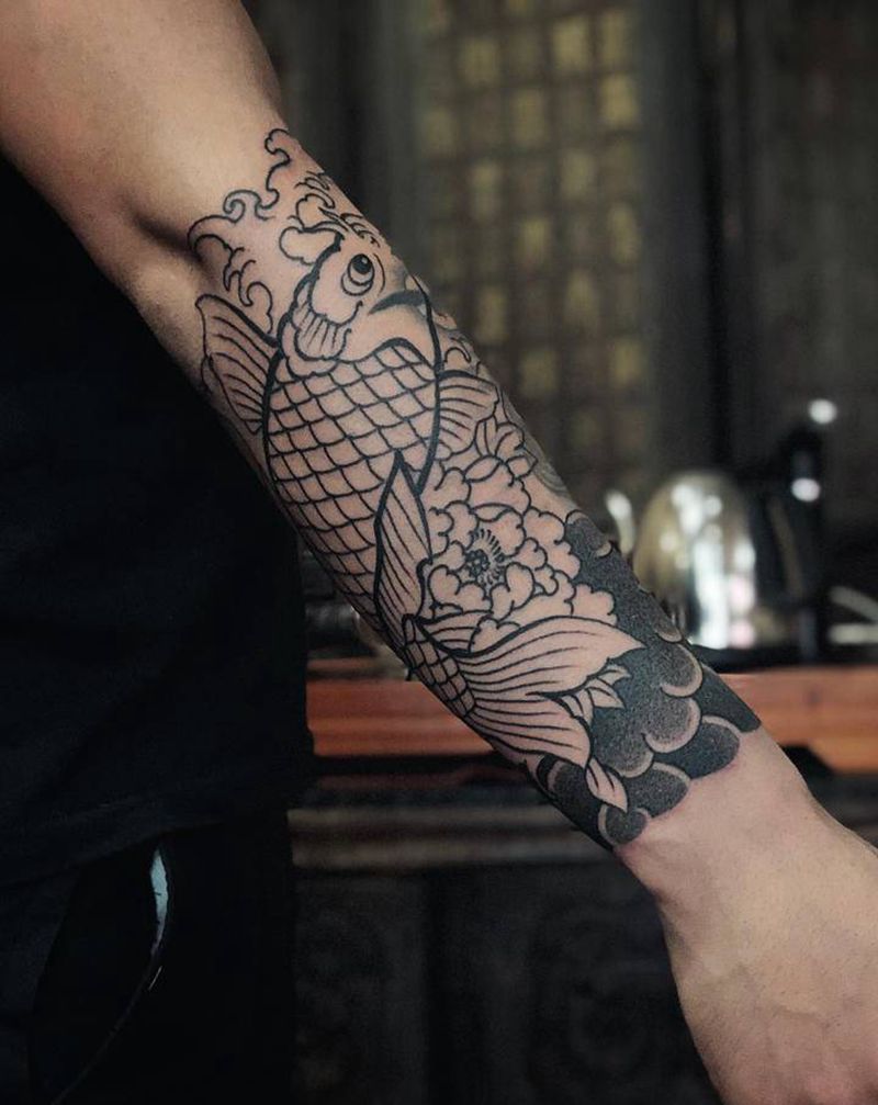 传统锦鲤今日进度～纹身图片_老传统纹身图案