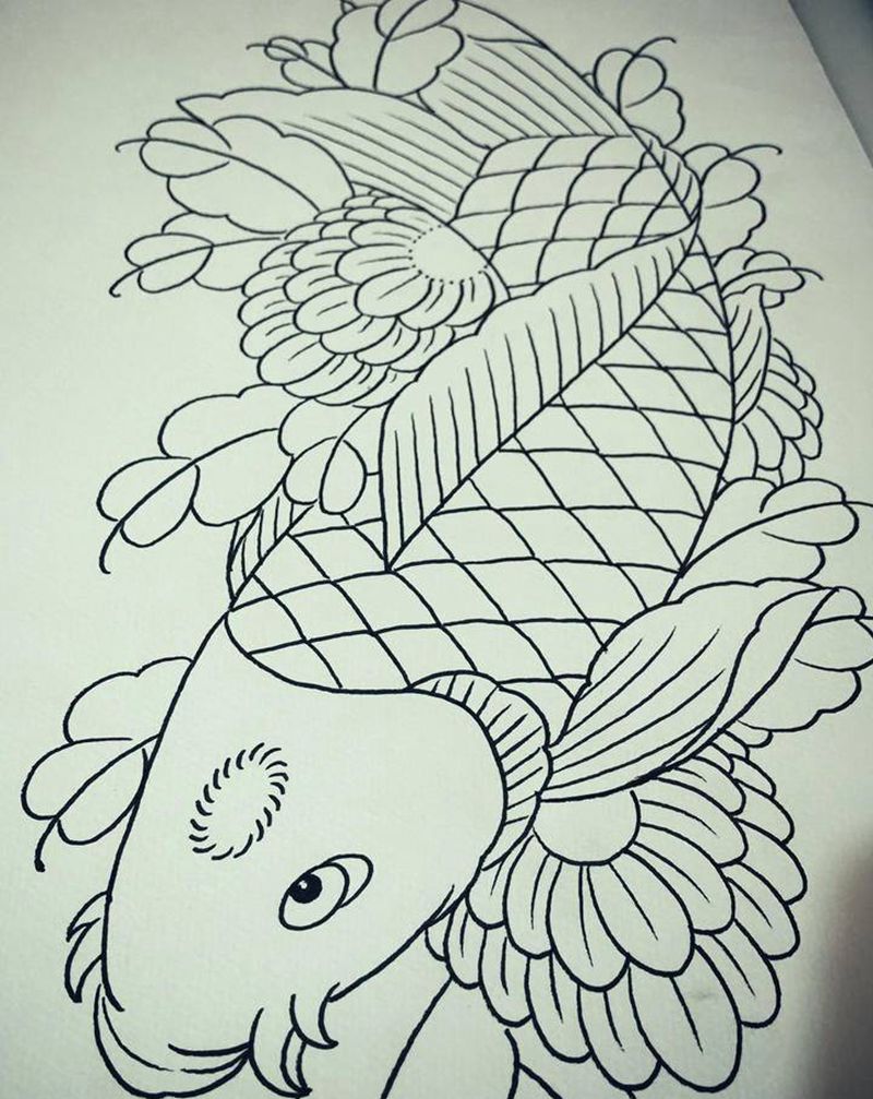 繪稿锦鲤～纹身图片_老传统纹身图案