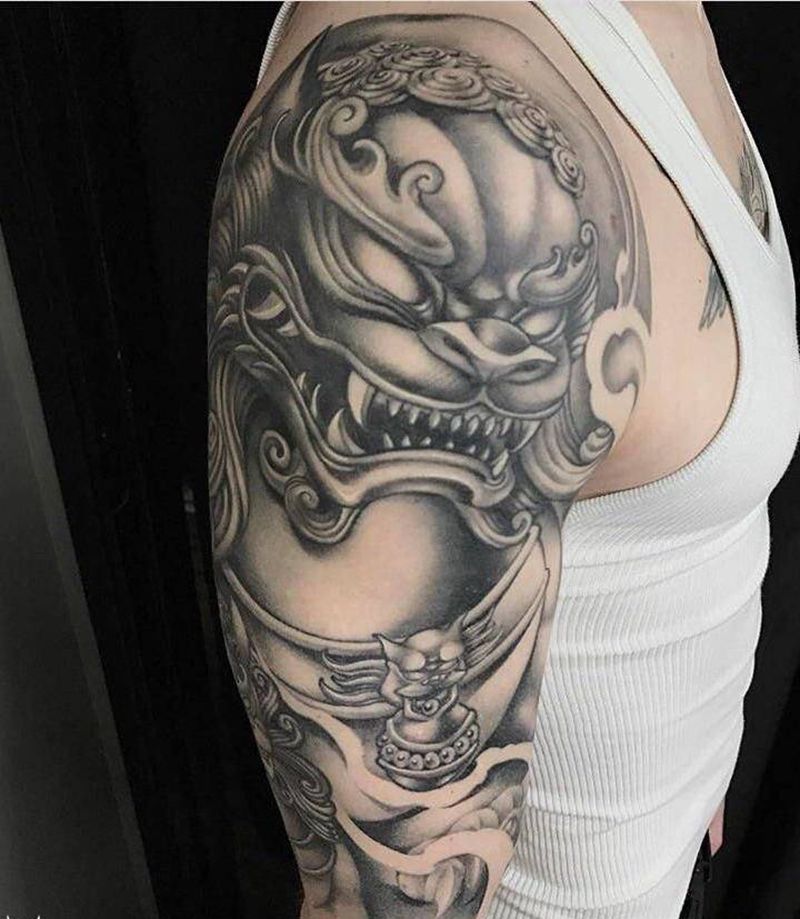 唐狮纹身图片_手臂新传统纹身图案