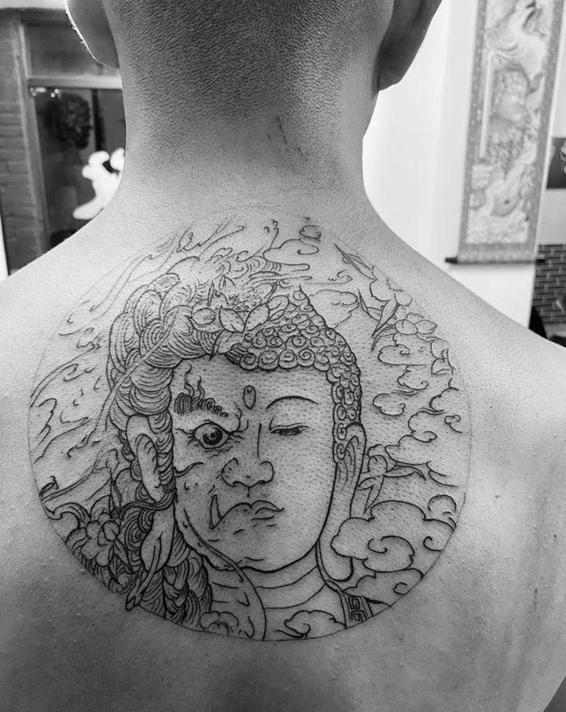 一念神魔,线图纹身图片_背部新传统纹身图案
