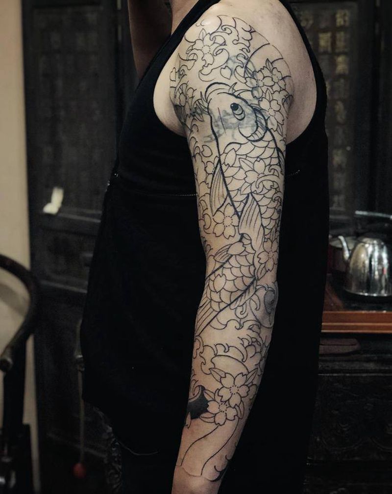 传统锦鲤花臂进度～纹身图片_老传统纹身图案