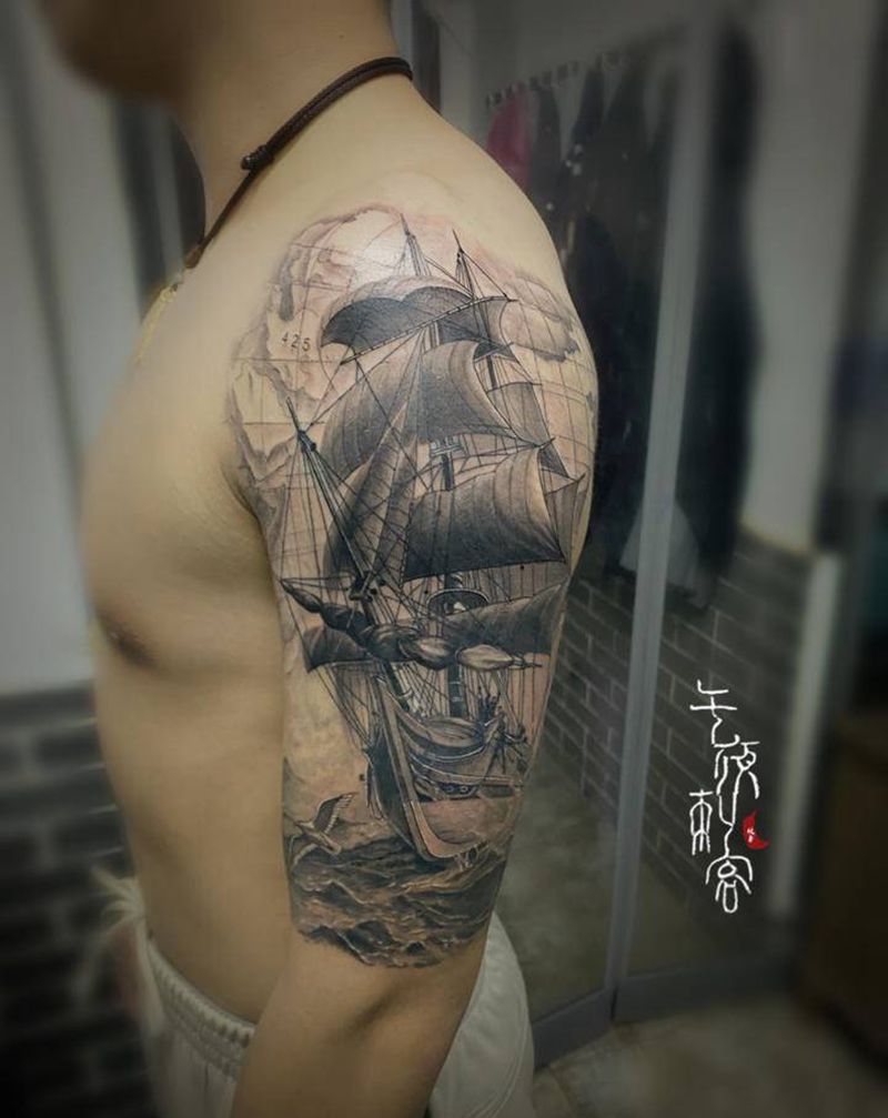 扬帆纹身图片_手臂欧美写实纹身图案