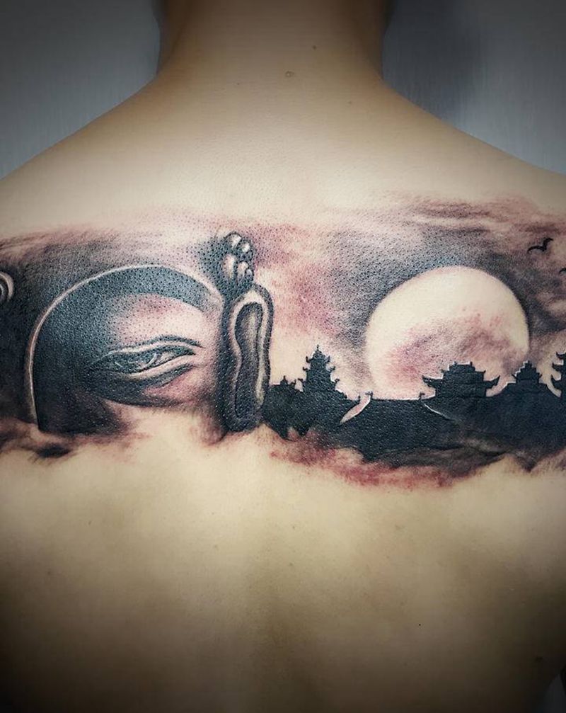 人在做天在看纹身图片_背部佛纹身图案