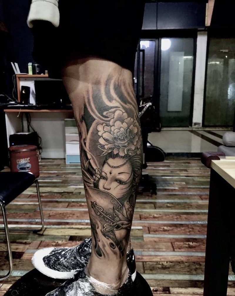 包小腿纹身图片_腿部新传统纹身图案