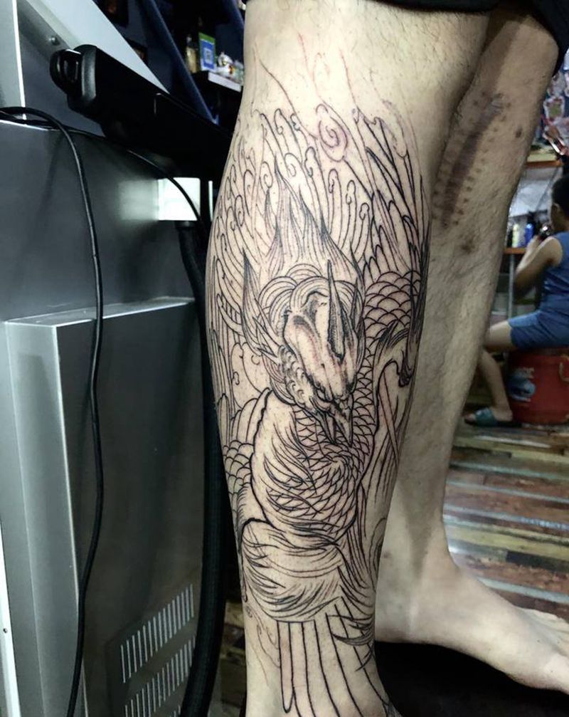 包小腿线纹身图片_腿部新传统纹身图案