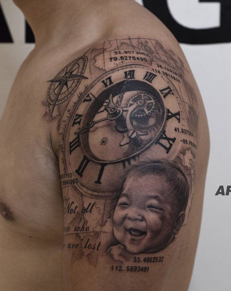 关于地域，时间，亲情纹身图片_手臂欧美写实纹身图案