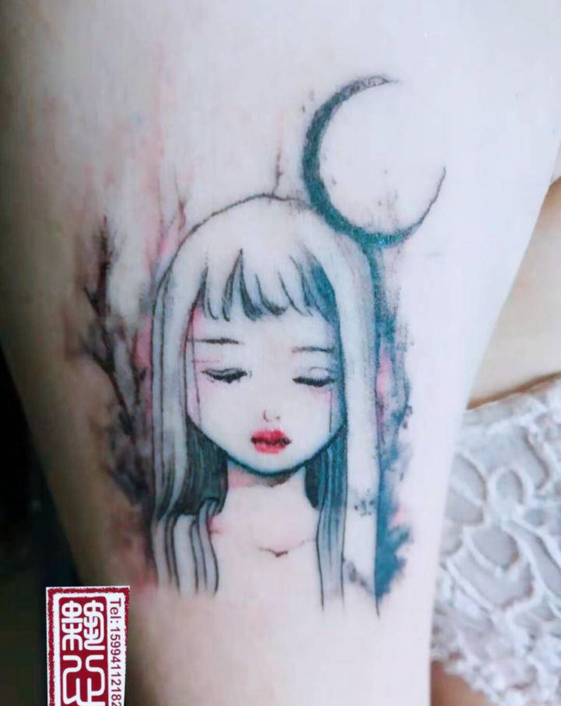 迷雾里的女孩纹身图片_手臂水彩纹身图案