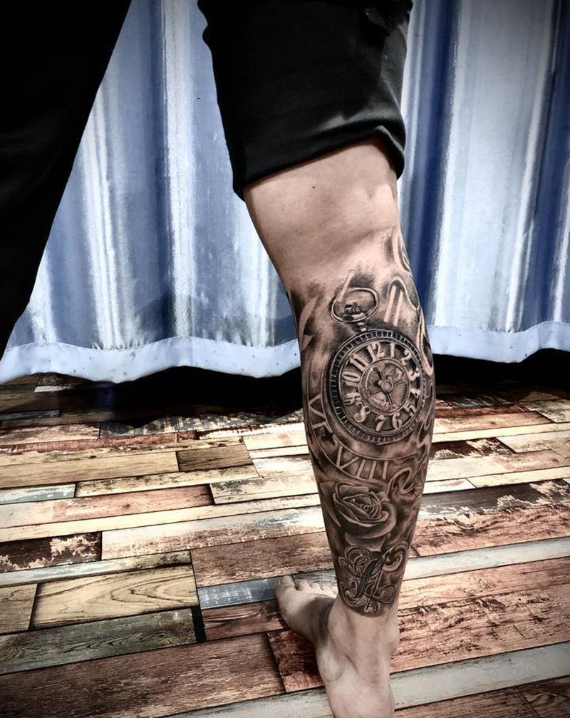 包腿纹身图片_腿部欧美写实纹身图案