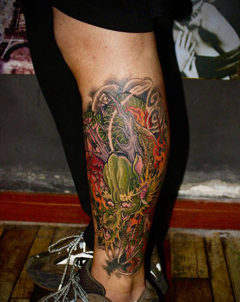 龙纹身图片_腿部新传统纹身图案