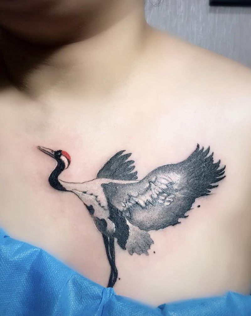 鹤纹身图片_胸部水墨鹤纹身图案