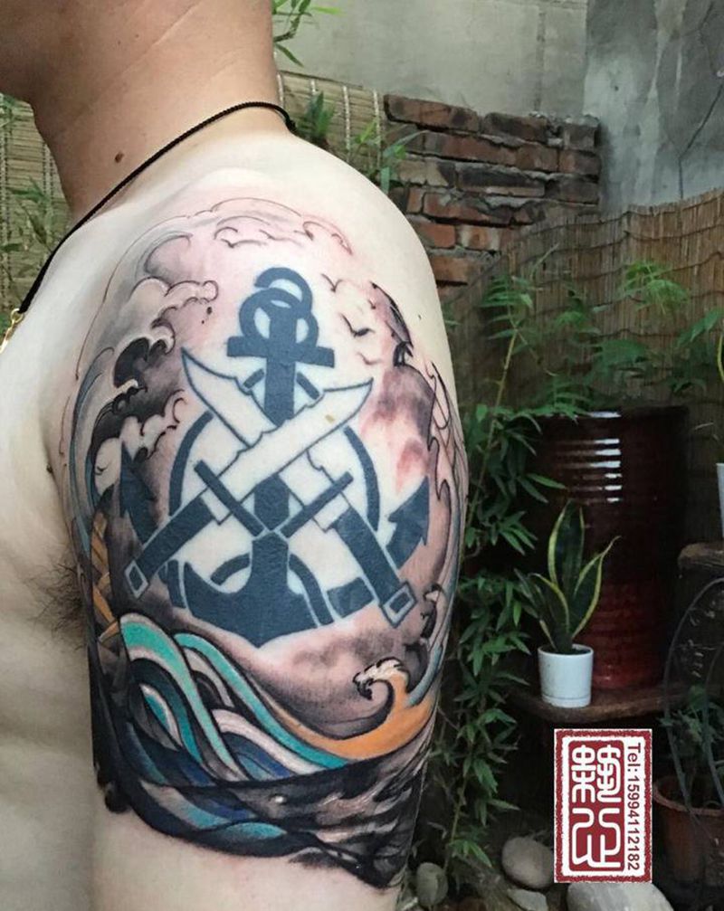 海浪配图纹身图片_手臂水彩水墨纹身图案