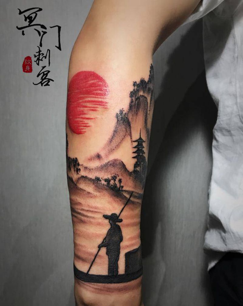 山水纹身图片_手臂水墨纹身图案