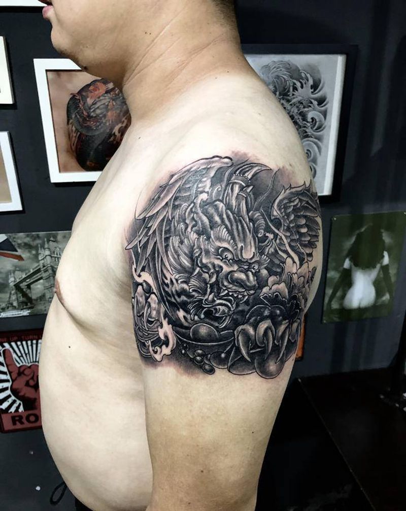 貔貅遮盖纹身图片_手臂新传统纹身图案
