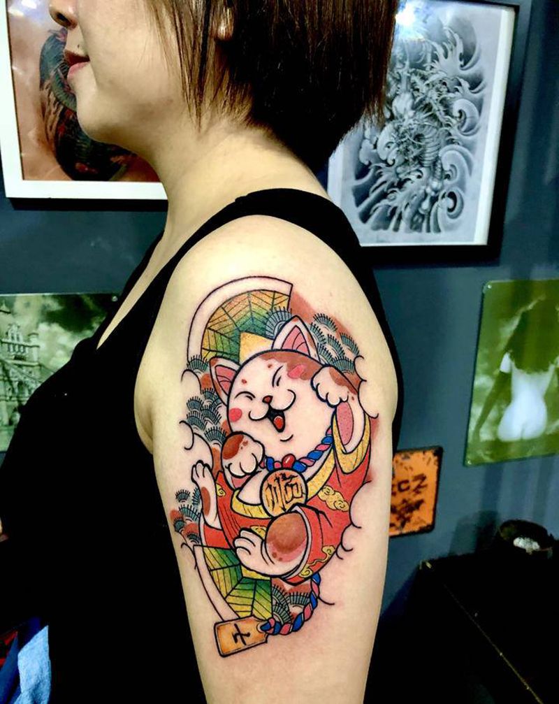 招财猫纹身图片_手臂新传统纹身图案