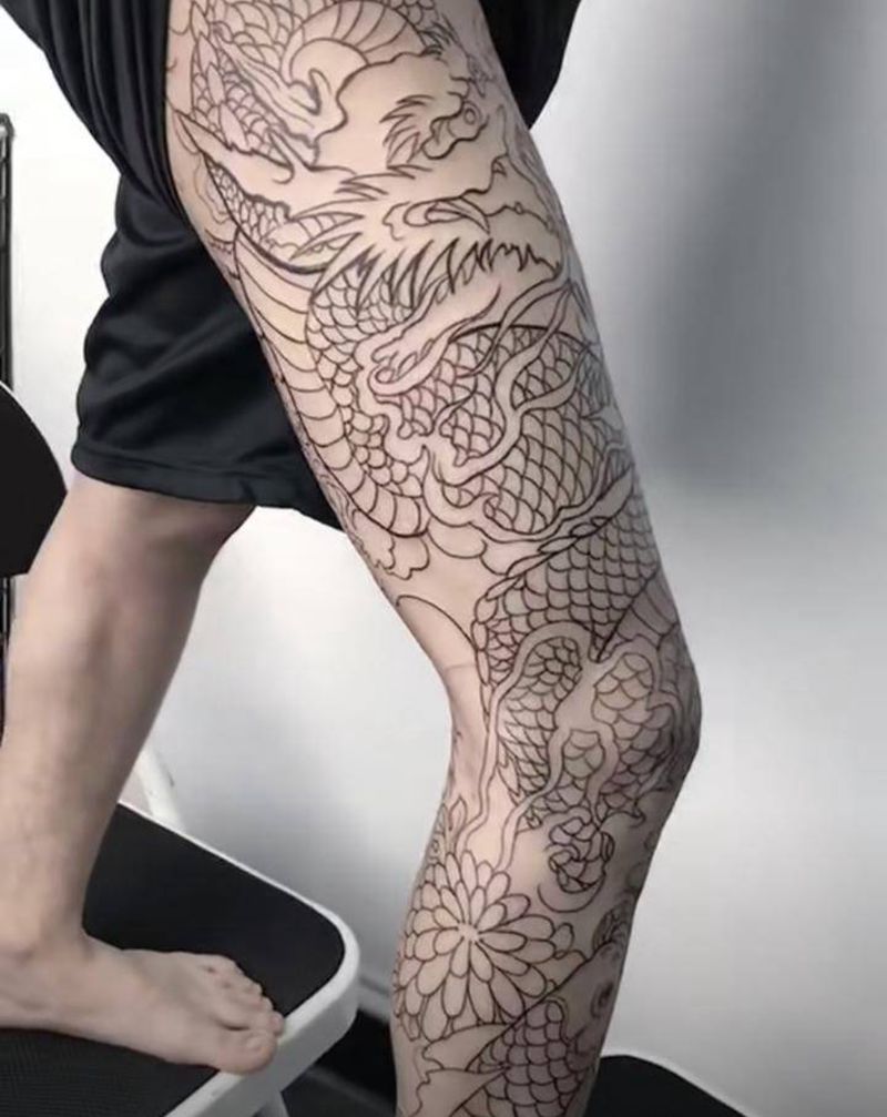 龙盘腿纹身图片_腿部老传统纹身图案