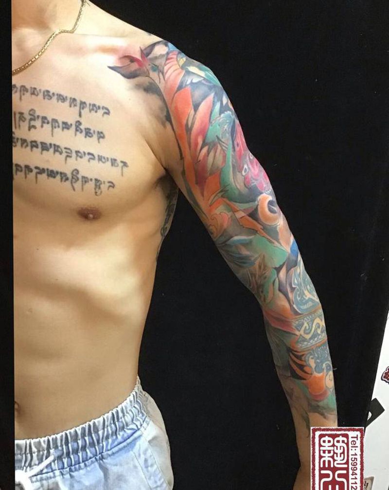 原创凤凰彩色花臂纹身图片_手臂新传统纹身图案