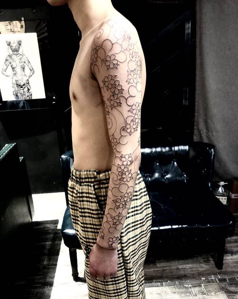 日式樱花花臂割线纹身图片_手臂老传统纹身图案