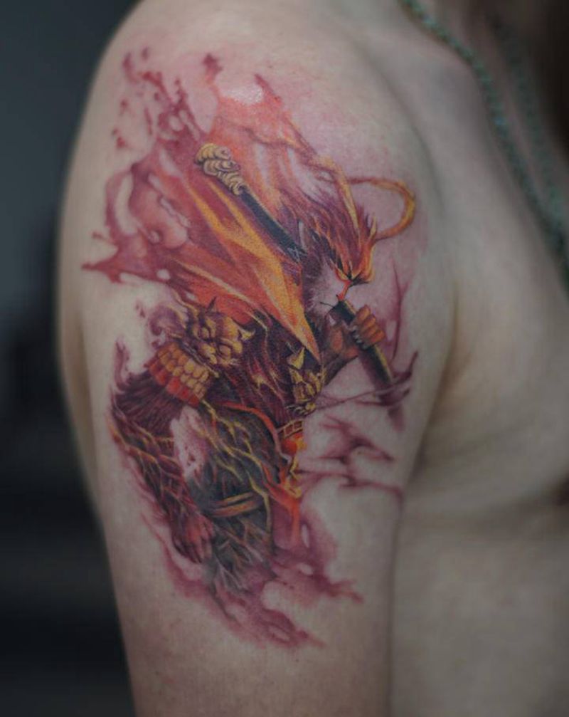 大圣纹身图片_手臂肩部水彩欧美写实纹身图案