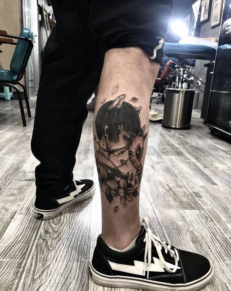 狐纹身图片_腿部点刺纹身图案