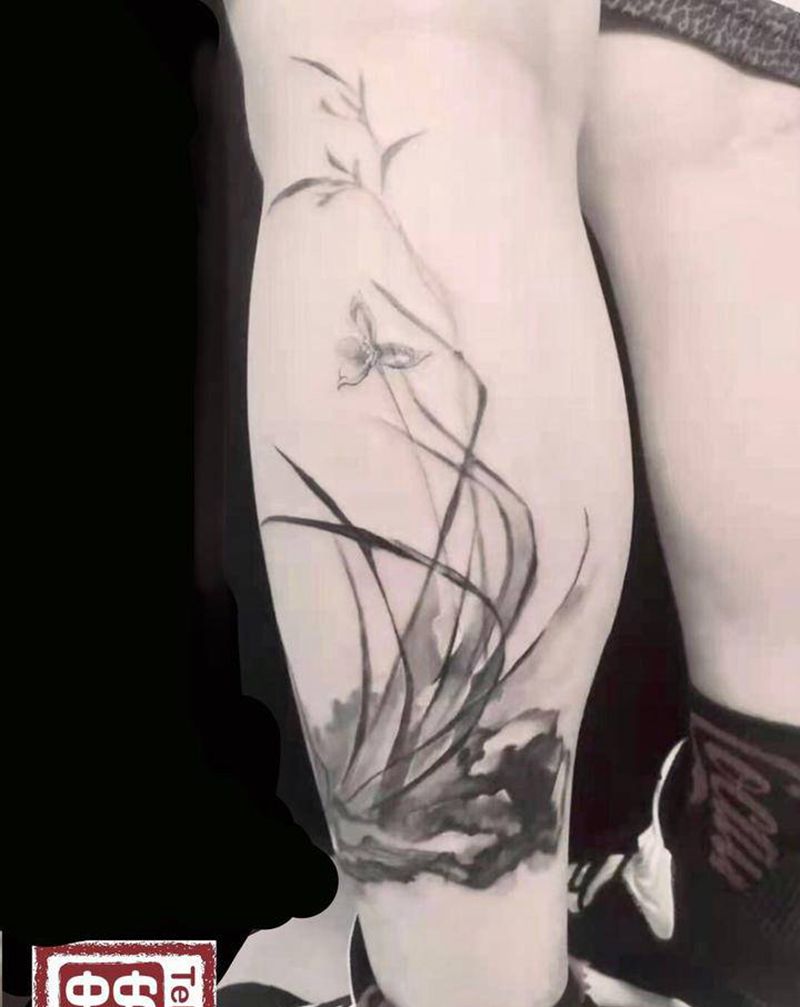 古风原创纹身图片_腿部水墨纹身图案