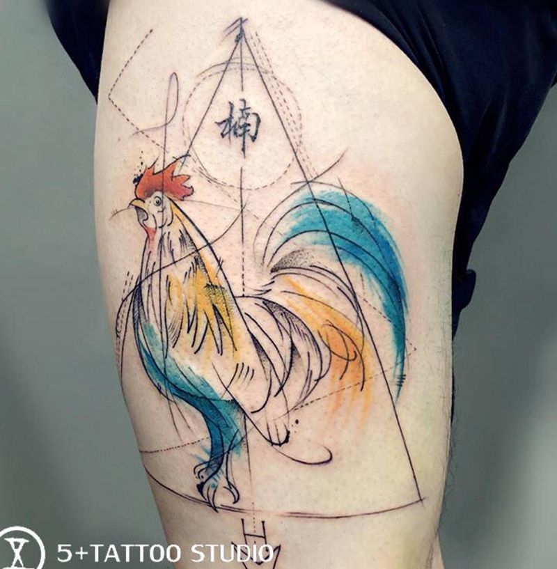 大公鸡儿纹身图片_腿部水彩几何纹身图案