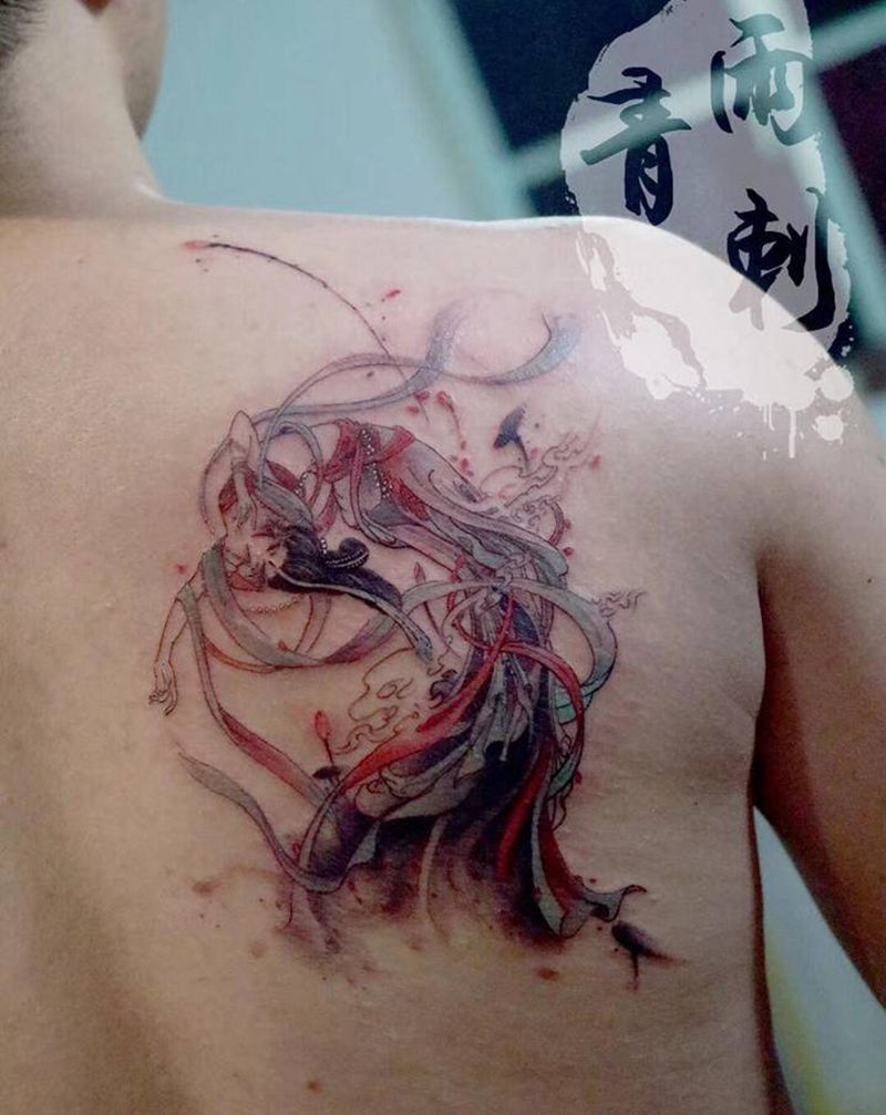 敦煌飞天纹身图片_背部肩部新传统纹身图案