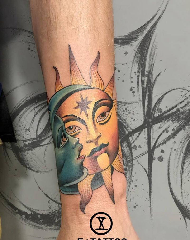 星星太阳鱼虾蟹遮盖纹身图片_手臂New School纹身图案