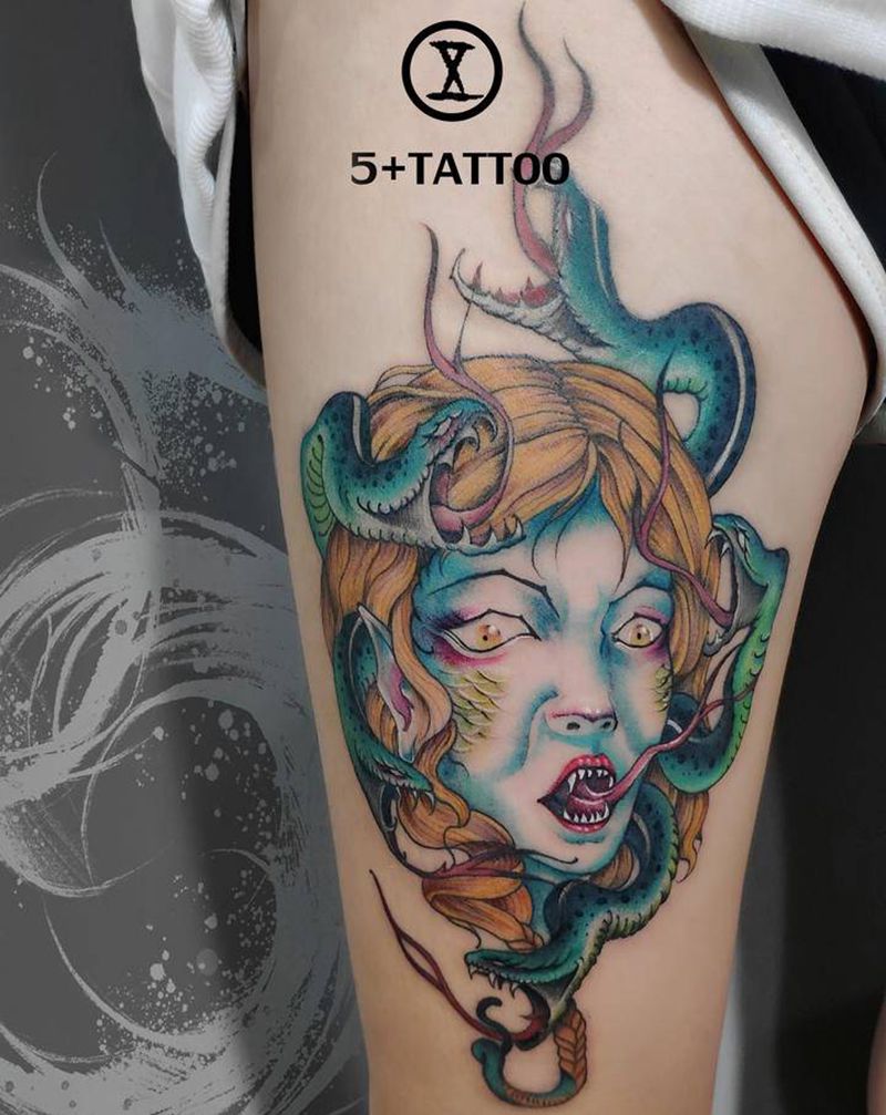 美杜莎莎纹身图片_腿部New School纹身图案