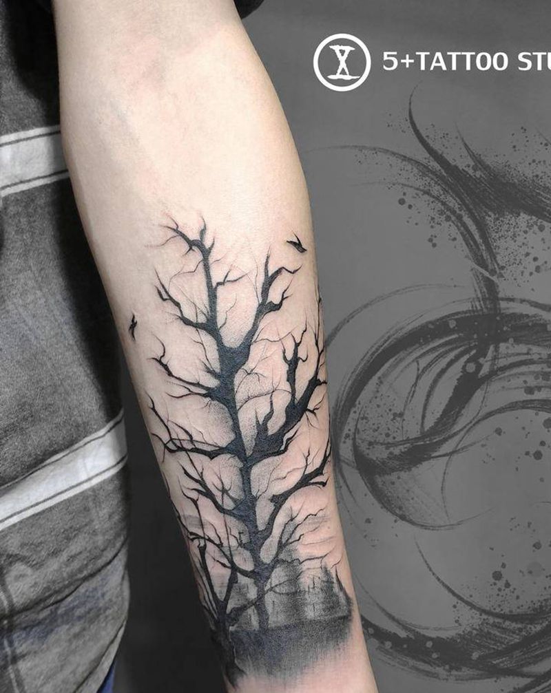枯藤老树遮盖纹身图片_手臂几何纹身图案