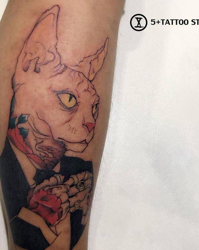 绅士猫纹身图片_腿部New School纹身图案