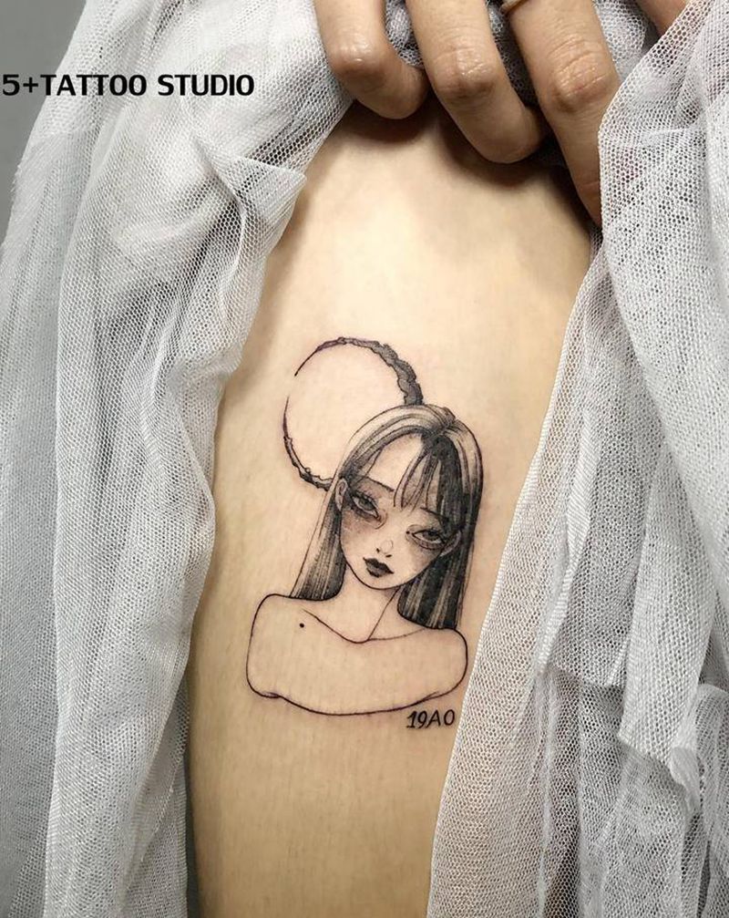 忧郁小姑娘纹身图片_腿部点刺纹身图案